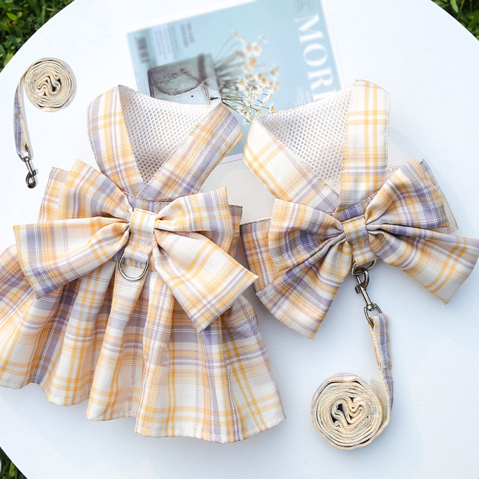 Dog Harness And Leash Set, Cute Bow Tie Plaid Harnesses For Puppy Cat, Adjustable Pet Kitties Vest, Breathable Harness Traction